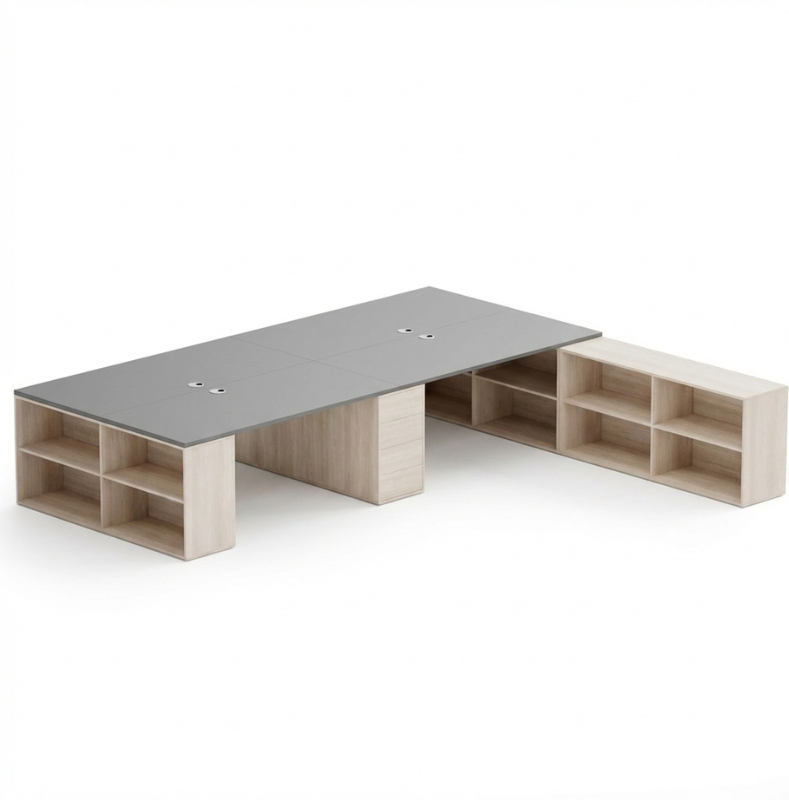 B2B Partner Bürotisch-Set BLOCK B05, 4 Arbeitsplätze mit Stauraum, 360 × 320 cm, Eiche natur/Graphit