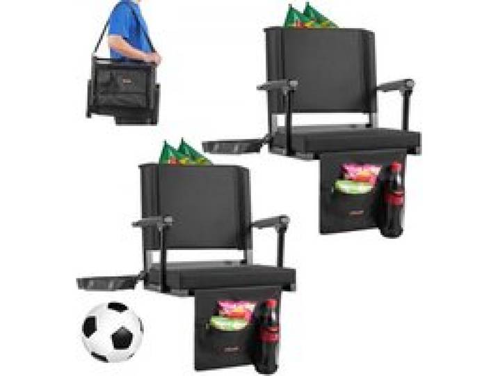 VEVOR Siège de stade pliable, 2 pcs, chaise de gradin avec accoudoir, support dorsal et coussin épais, chaise de stade rembourré avec bandoulière, crochets, porte-gobelet, pour événement sportif, noir
