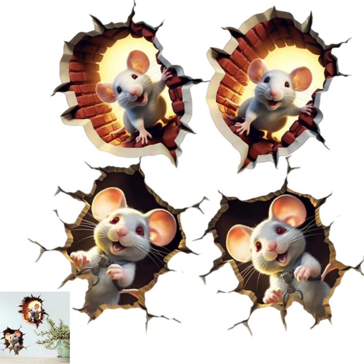 Set van 4 verwijderbare 3D muizengaten wandstickers voor muurdecoratie
