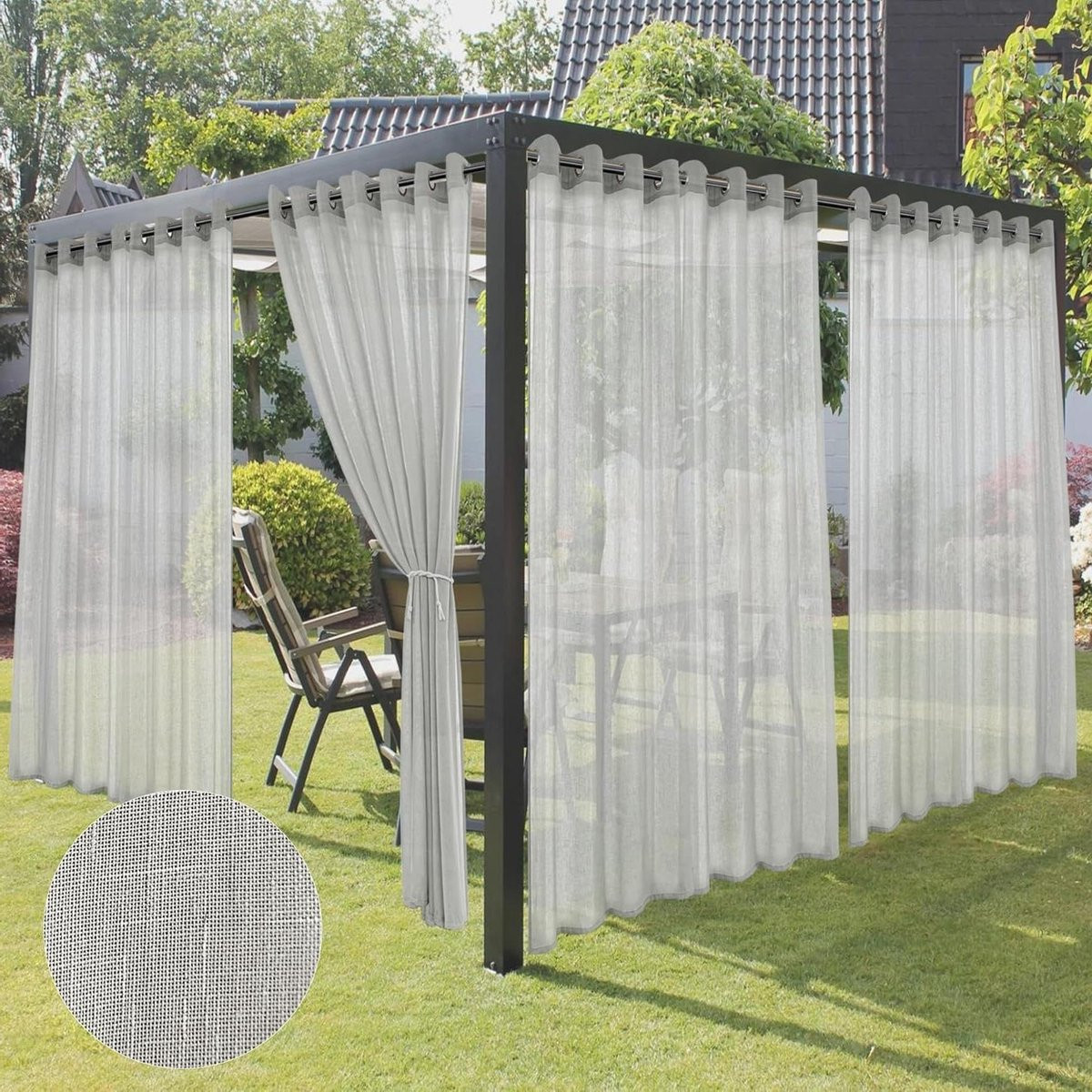 Set van 4 Grijs Linnen Buitengordijnen - Waterdichte en Semi-transparante Terrasgordijnen - 279 x 213 cm