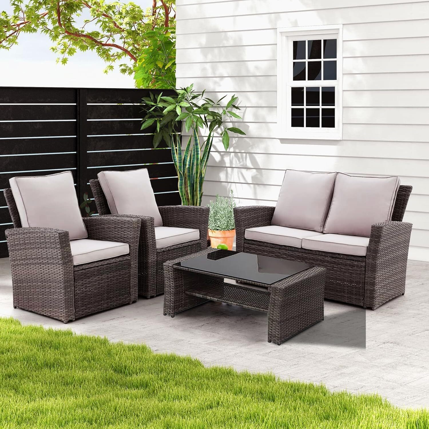 Rattan Gartenmöbel Set,Rattanmöbel Balkonmöbel wetterfestes PE-Rattan, aus Gartensofa, Sessel, Beistelltisch, Rattanstühle mit Couchtisch und Kissen
