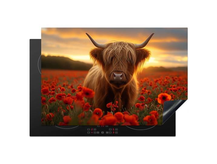 HERDABDECKPLATTE Schottische Highlander - Rosen - Blumenfeld - Sonnenuntergang Ceranfeldabdeckung 78x52 cm