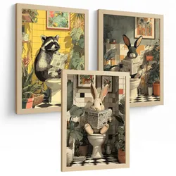 POSTER 3er-Set Tierdrucke im Badezimmer, lustige Waschbär Kaninchen-Dekorationsbilder im modernen Vintage-Stil für und Toilette Leichter Holzrahmen A3