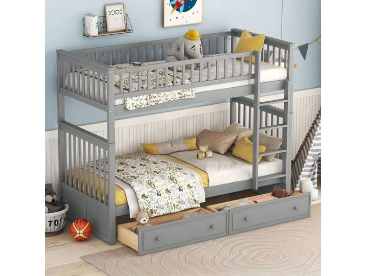 Lit superposé 90x200 cm gris tiroirs rangement fonctionnel enfant