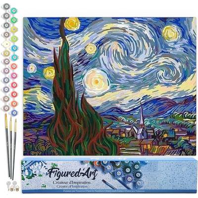 FiguredArt PN590 - Malen nach Zahlen, Sternennacht Van Gogh, 40x50cm, ohne Keilrahmen, Leinwand 40x50cm ohne Rahmen, Malset, Paint by Numbers