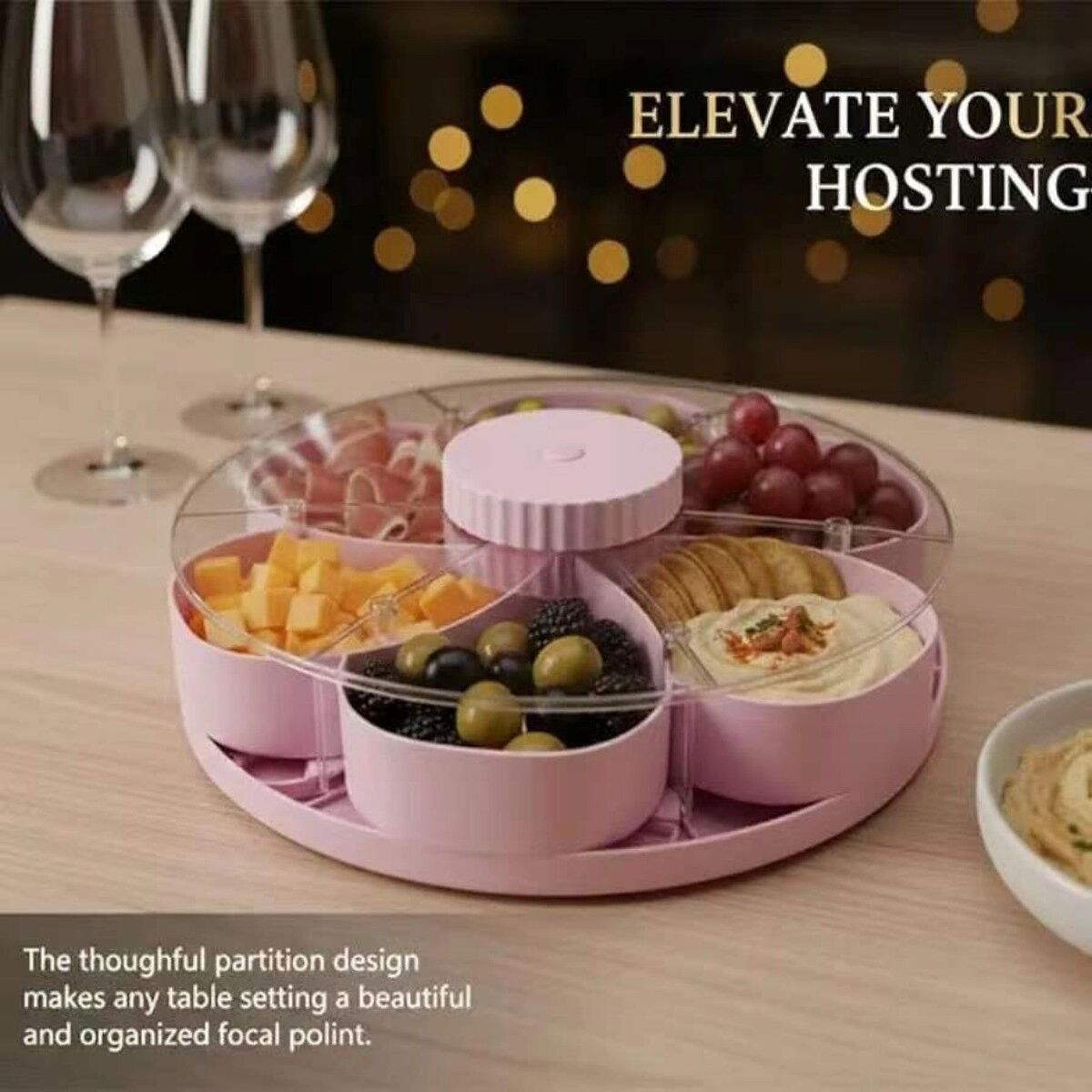 INF Geteiltes Dreh-Snack-Serviertablett – Rotierendes Snack-Tablett, Grau Kunststoff, 23.6cm x 23.6cm x 8cm Rosa
