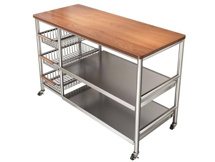 Edelstahl Multifunktions-Küchenaufbewahrungshalter - Massivholzschnitttisch, Mikrowellen-Aufbewahrungshalter, Höhenverstellbarer Küchenaufbewahrungshalter,L120cm