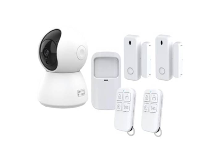 Pack sécurité\, 1 Caméra WiFi intérieure motorisée 4 MP et Hub système d'alarme + 2 détecteurs d'ouverture + 1 détecteur de Mouvement + 2 télécommandes