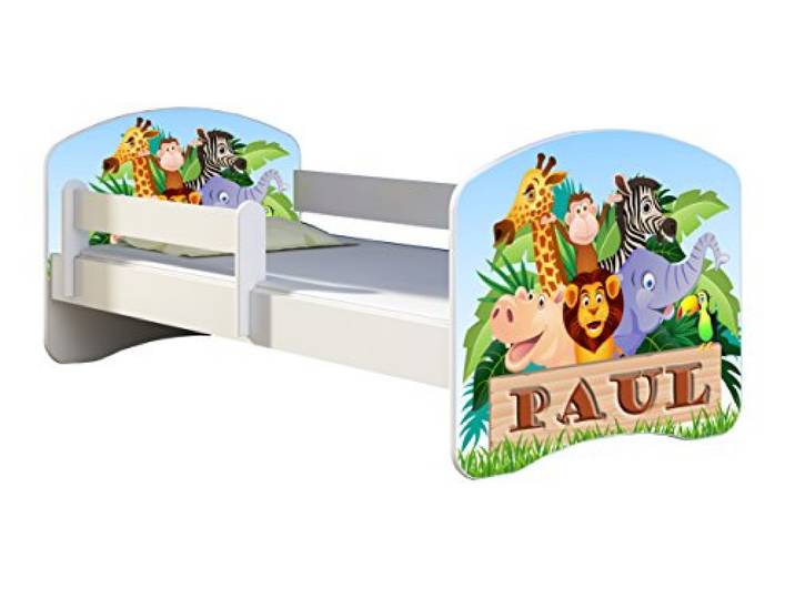 ACMA Kinderbett 180x80 Jugendbett mit Matratze, Rausfallschutz, Lattenrost Weiß, stabil, Kinderzimmer Bett, Jugendmöbel Design 02 Animals Name
