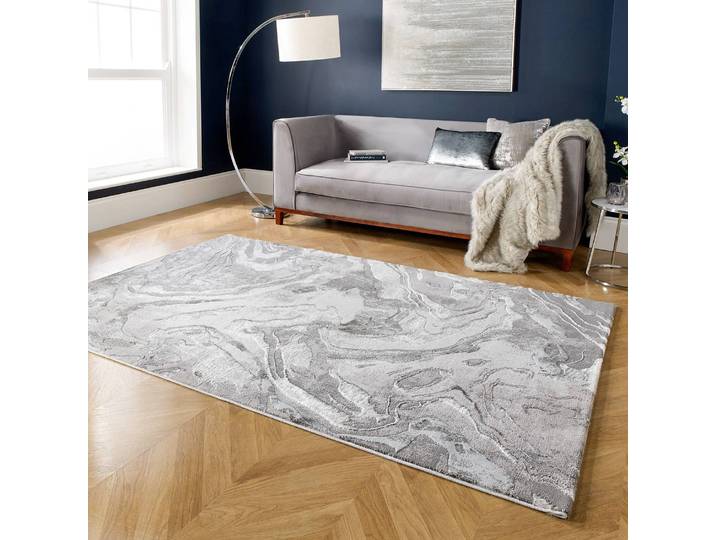 home24 Laagpolig vloerkleed Marbled zilver/zilver 80 x 150cm netstof