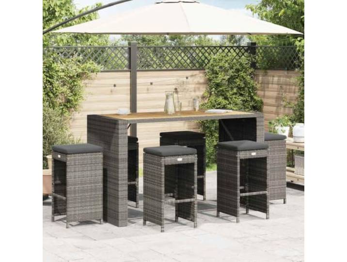 ZQQLVOO Garten Barhocker mit Kissen 6 STK Grau Poly Rattan Abnehmbarer waschbarer Bezug, pulverbeschichteter Stahlrahmen, 110 kg Belastbarkeit, witterungsbeständig, pflegeleicht