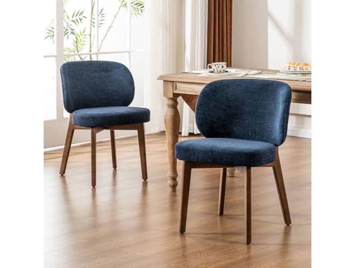 YOUTASTE Chenille-Stoff Esszimmerstühle 2er Set mit Holzbeine, Navy Blau Moderne Küchenstühl mit Breiter Geschwungener Rückenlehne, Polsterstuhl, Essstühle für Esszimmer, Küche