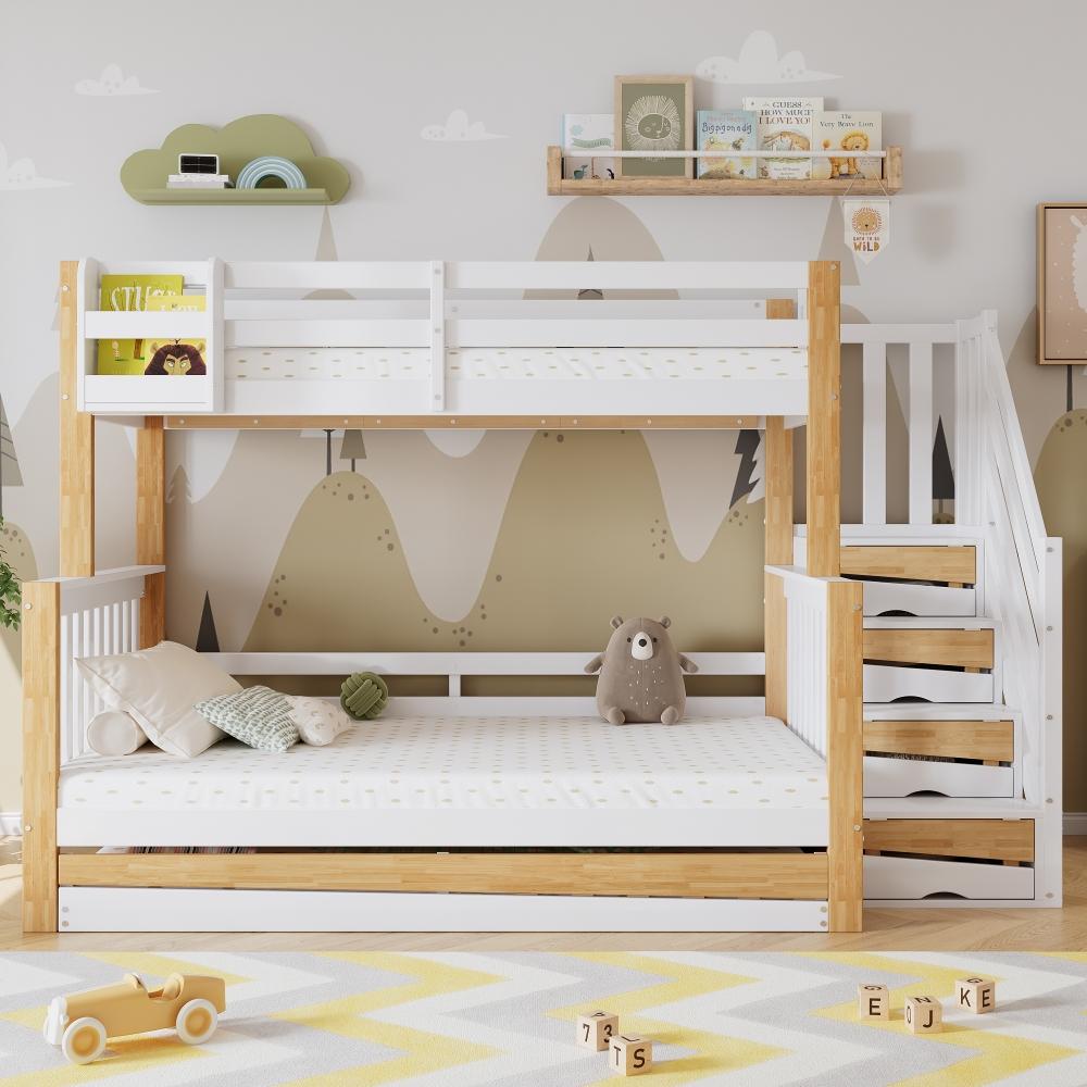 Etagenbett 90x200 120x200cm aus Kiefer, MDF und Sperrholz mit Rollbett 90x190cm, Fallschutz, Stauraumtreppe und Regal in Weiß Natur
