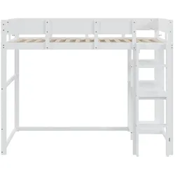 MODFU Hochbett Holz Weiß 90x200 cm mit Ablageregal und Schutzgeländern