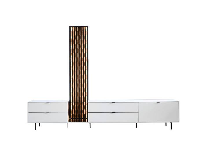 Moderano Lowboard, Weiß, Eichefarben, Metall, Eiche, massiv, 4 Schublade(n) Schubladen, 267x189x42 cm, stehend, Beleuchtung, Wohnzimmer, TV Möbel, Lowboards, Lowboards stehend