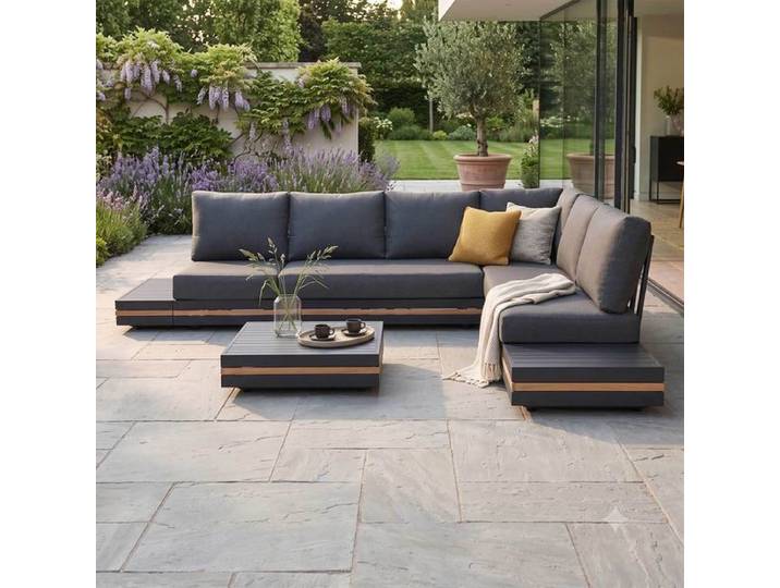 OUTLIV. Triest Ecklounge inkl. Loungetisch Aluminium/Teak/Spunpolyester Dunkelgrau
