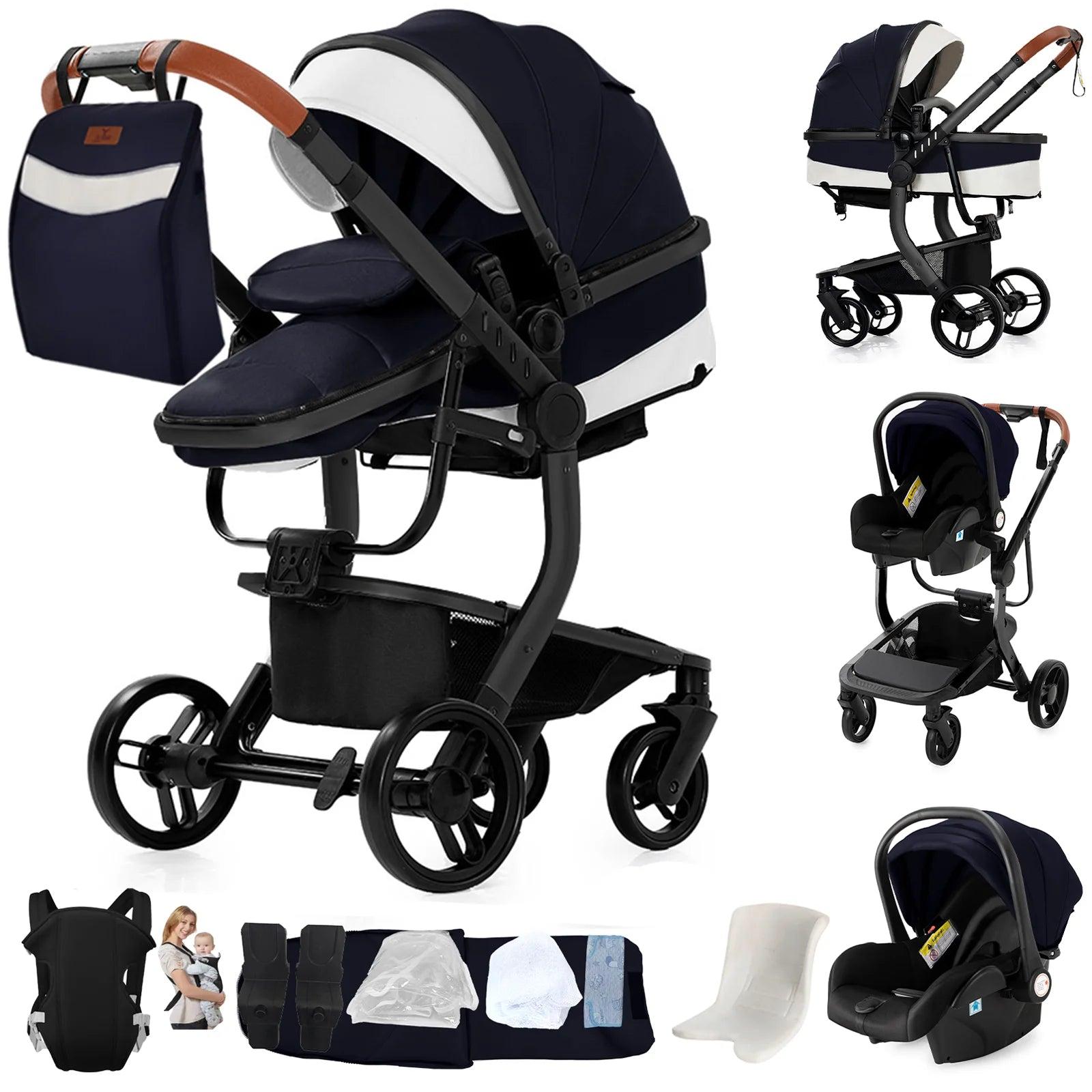 3-in-1 Kinderwagen mit Autositz, wasserdicht, aus Leder, zusammenklappbar, Reisesystem