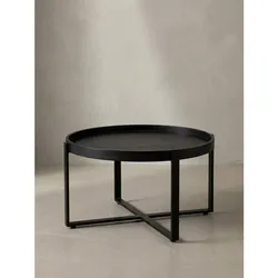 Couchtisch Schwarz Mango Massivholz Metall, Rund mit erhöhtem Rand, 60x60x35 cm