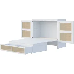 Schrankbett 140x200 Murphy-Bett platzsparend mit Stauraum Rattan-Design Schubladen Lattenrost Möbel Schlafzimmer Modern Weiß