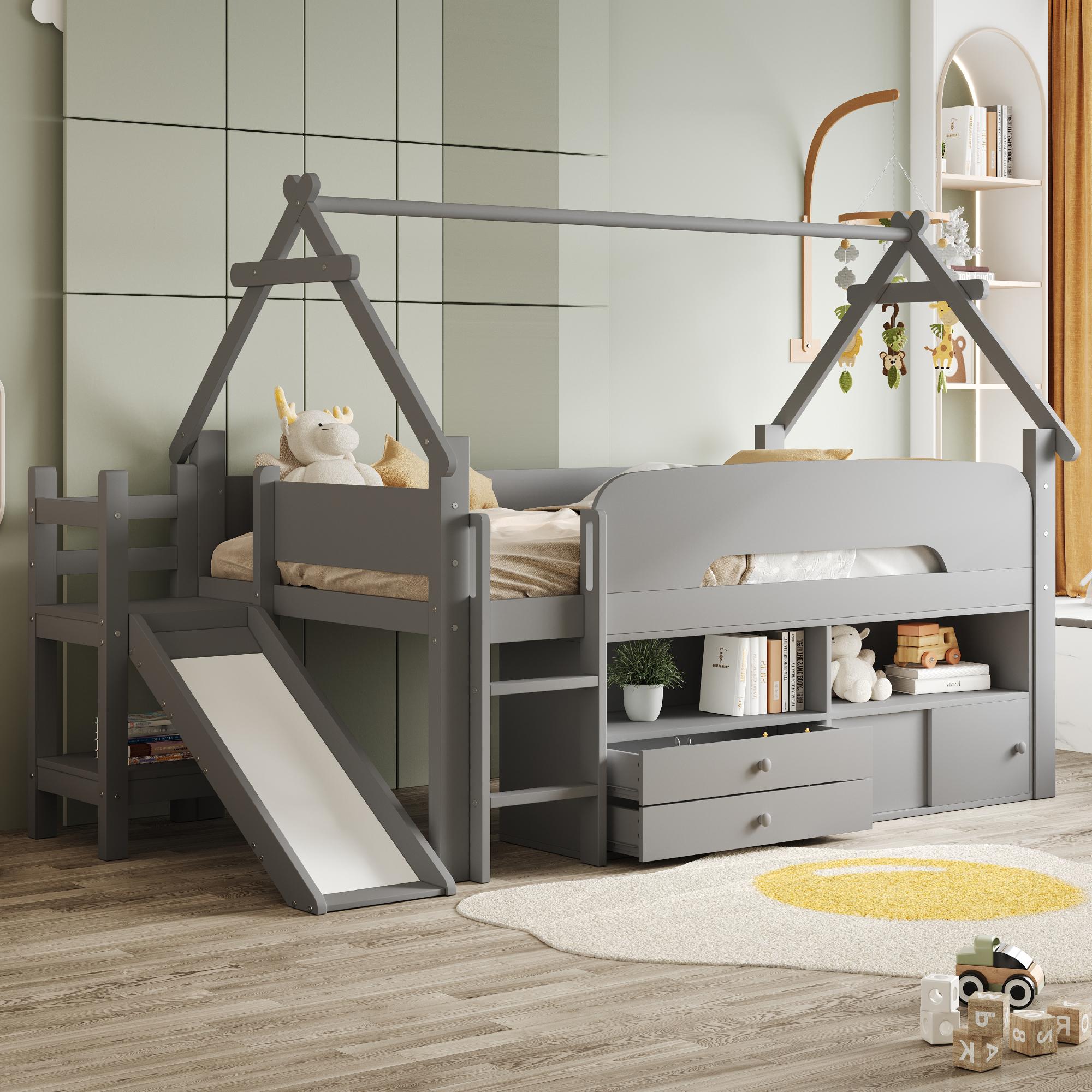 MODFU Kinderbett Funktionsbett 90x200 cm mit Schubladen und Sicherheitsrutsche,Bettgestell mit Spielbereich und Stauraum,Hausbett mit Sicherheitsgeländer,ohne Matratze,Grad