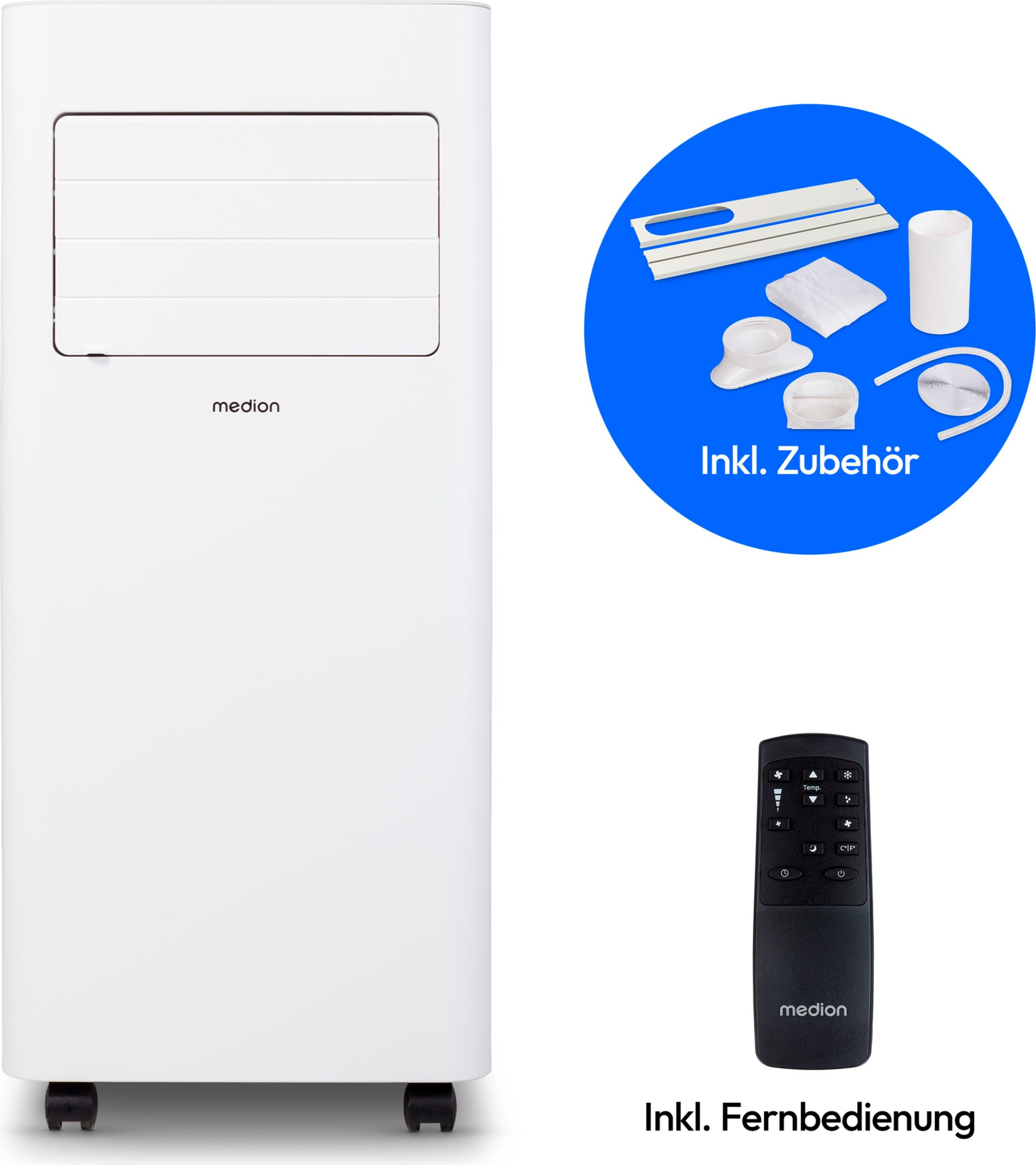 MEDION Mobile Klimaanlage mit Abluftschlauch E701 (7000 BTU, mobil, inkl. Fensterabdichtung, bis 25m², 3in1 Kühlen Entfeuchten Ventilieren, Schlafmodus, MD 37730)