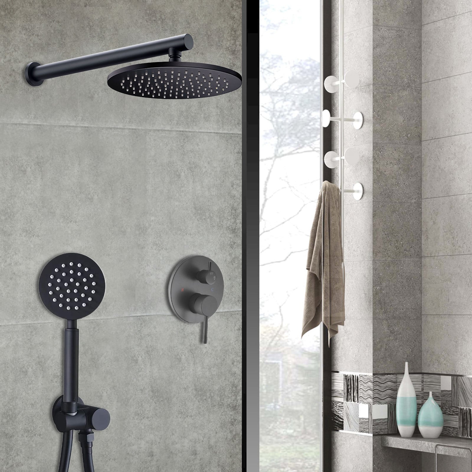 Easybuy Inbouw doucheset met 10-inch thermostaatregendouche, handdouche en douchestang, zwart