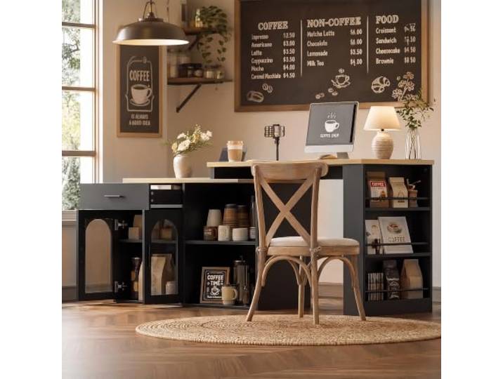 BXEYXE Stationäre Kücheninsel mit 360° Drehtisch, Stauraumschrank, Bartisch mit Schublade und Regalen, Küchen-Sideboard mit Ablageregal für Esszimmer und Hausbar, L-förmiger Schreibtisch, Schwarz