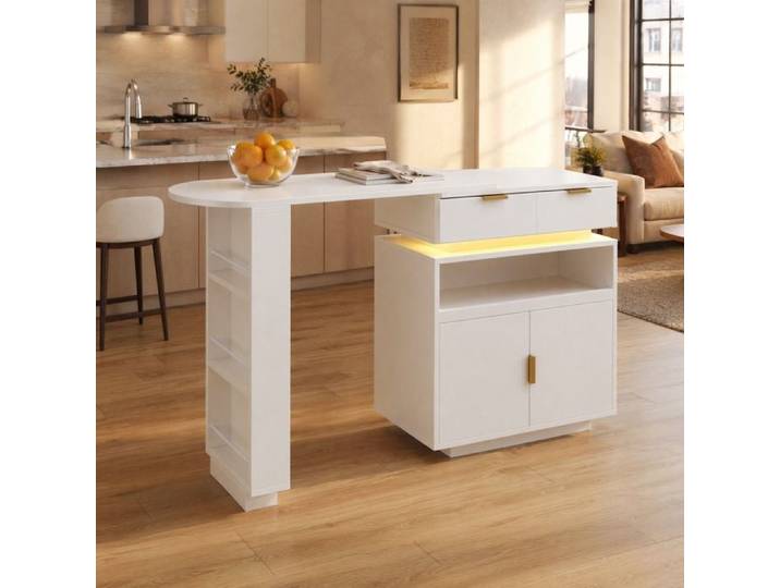 VUENOR Îlot central extensible 115-183 x 40 x 99 5 cm blanc – plateau pivotant 360°