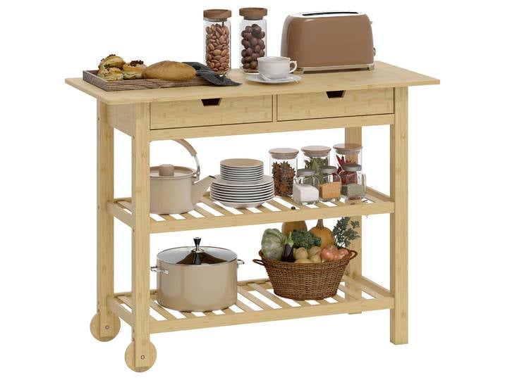 Chariot auxiliaire Homcom avec roues en bambou, tiroirs et étagères 100X43X75Cm Naturel