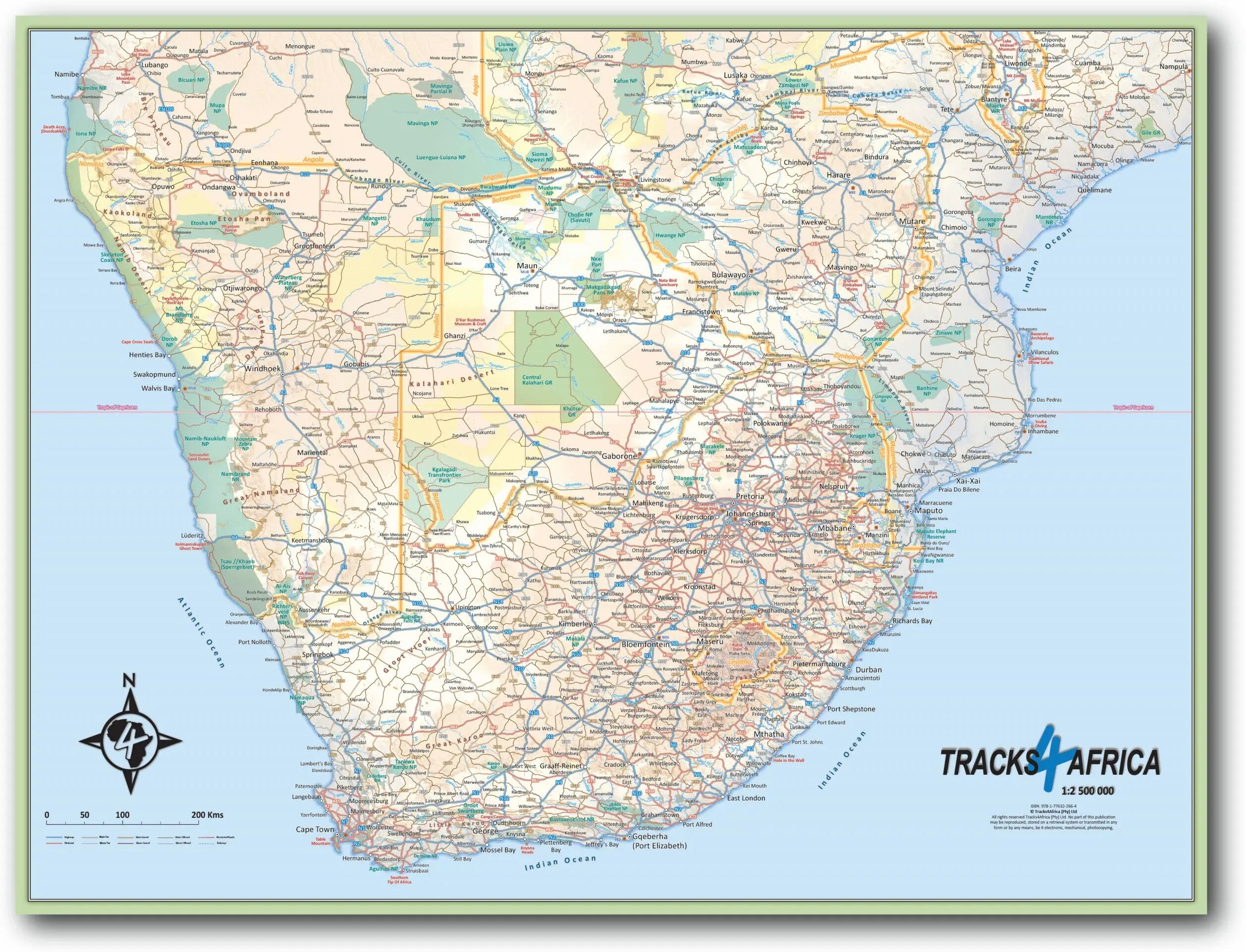 Carte murale plastifiée - Afrique Australe - 130 x 98 cm   Tracks4Africa