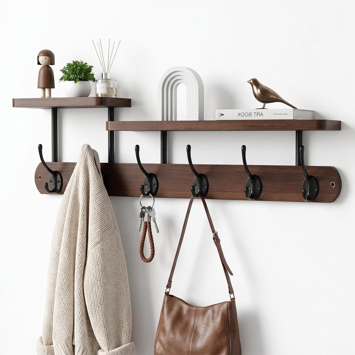 Wandgarderobe met plank en 6 haken in natuurlijk hout