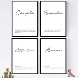 POSTER Set mit 4 Worten auf Französisch A4 Schwarzer Rahmen