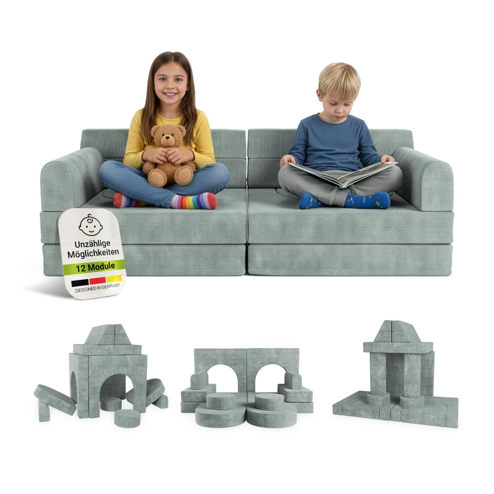 Juskys Kinder Spielsofa Kayo - Hellgrün, baubare Stapelsteine für Kinder, pflegeleichte Kindercouch aus Cord