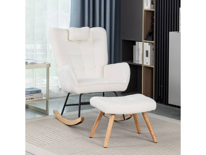 Zitty Fauteuil à Bascule Ergonomique avec Repose-Pieds Tissu Bouclette Bois Massif 65x92cm Blanc