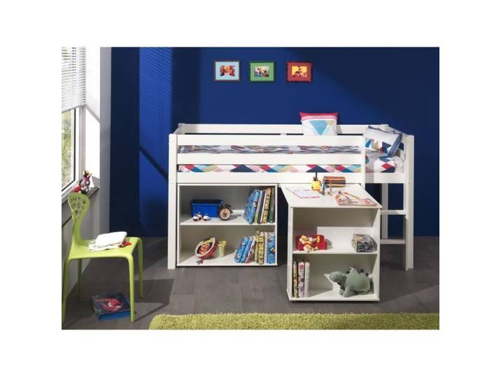 Lit mezzanine + bureau + bibliothèque blanc - Vipack - PINO - 90x200 cm - Bois massif