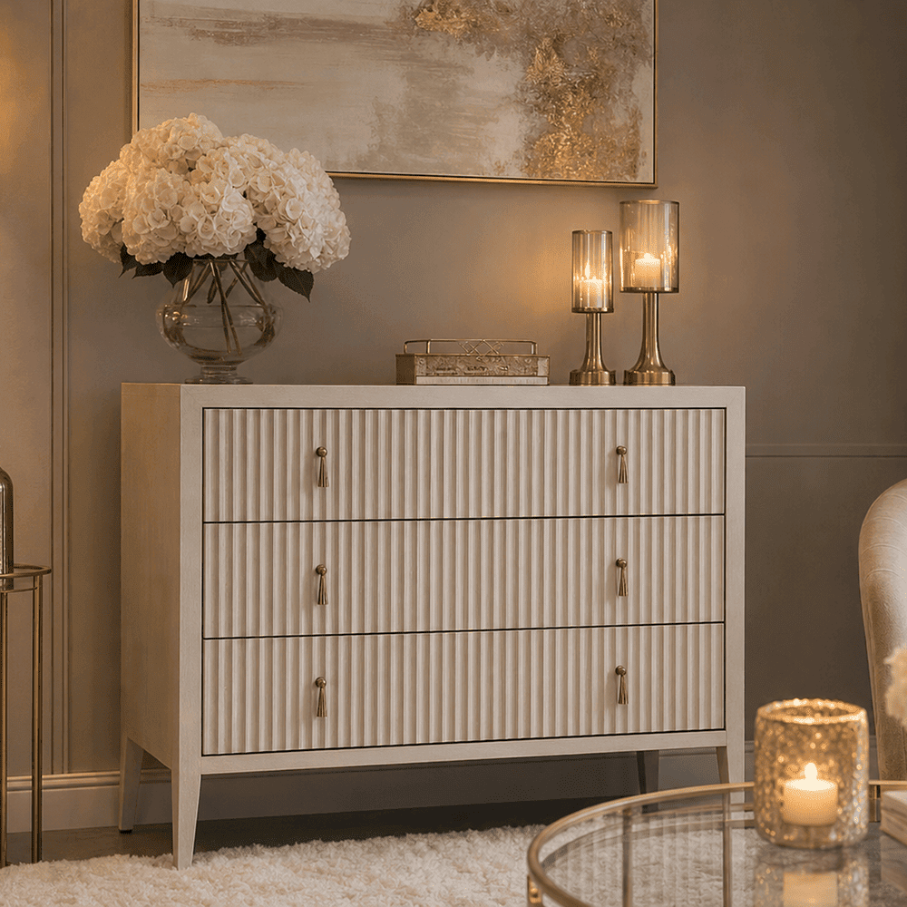 Lettos Whitewash Wooden Ribbed Front 3 Drawer Chest