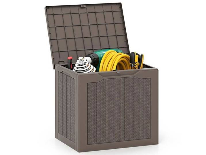 Coffre extérieur 96 L polypropylène brun couvercle verrouillable texture rotin tressé résistant intempéries capacité 150 kg