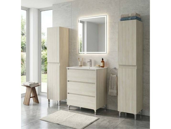 Ensemble meuble vasque L.60cm + 2 colonnes sur pied 3 tiroirs Chêne blanchi LISBONA