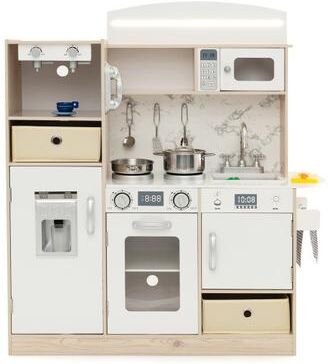 Costway Kids Kitchen Playset with Adjustable LED Lights Removable Fabric Bins-White
