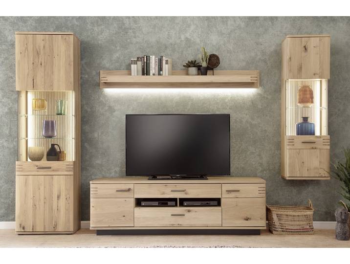 Wohnwand Anbauwand Salvador , Balkeneiche Bianco , 4-teilig , LED Beleuchtung
