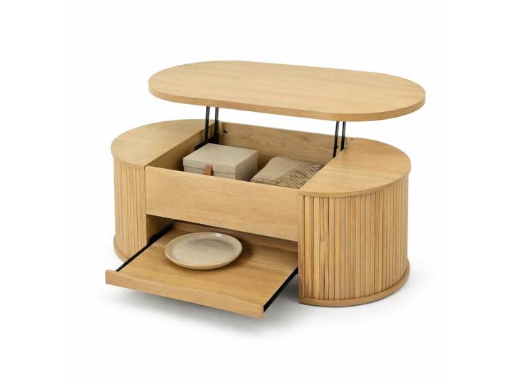 Stilvora Couchtisch in Naturfarben Wohnzimmertisch mit anhebbarer Tischplatte und ausziehbarem Regal, B110/T55.5/H40cm, Metall, Oval,Oval, 110x55x55.5 cm, Wohnzimmer, Wohnzimmertische, Couchtische