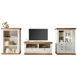 WOHNWAND weiß Pinie, Eiche Wotan, Landhaus Schrankwand 3-teilig 376 x 139 cm