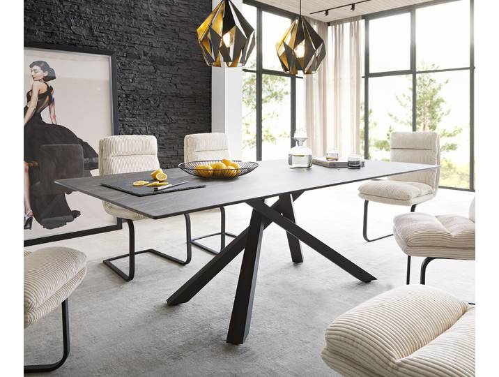 Esstisch Edge 200x100cm Keramik Laminam®Noir Desir Braun Mittelfuß Kreuz Schwarz, Esstische