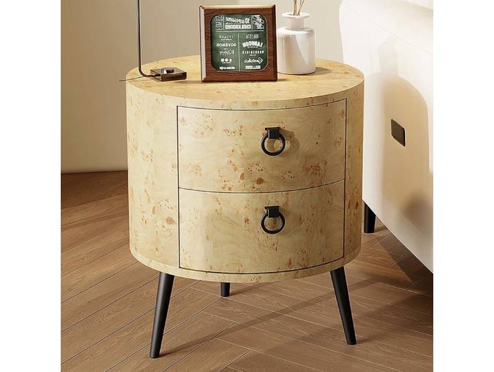 Table nuit ronde bois tiroir + étagère rangement chambre‑table appoint salon or