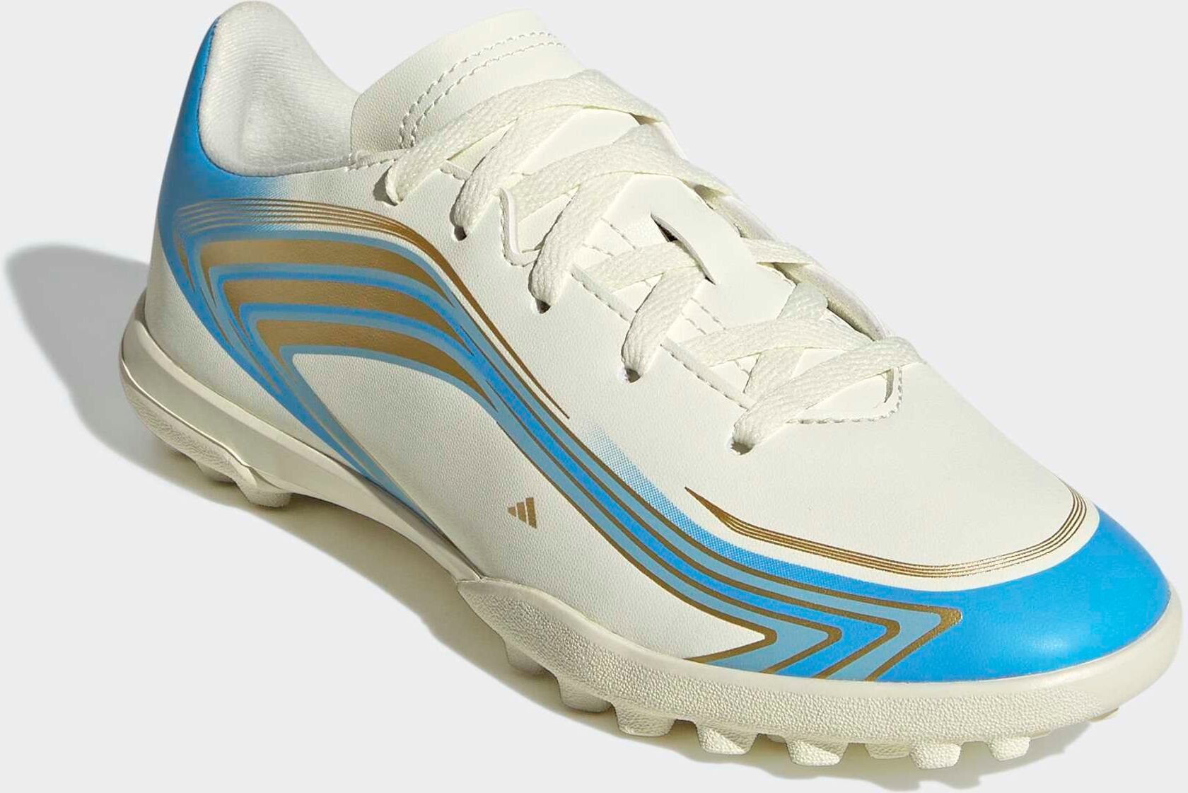 Fußballschuh ADIDAS PERFORMANCE "F50 MESSI CLUB KIDS, HYBRIDRASEN", Kinder, Gr. 38, weiß (ivory, semi blau burst, icey blau), Synthetik, Schuhe Fußballschuh