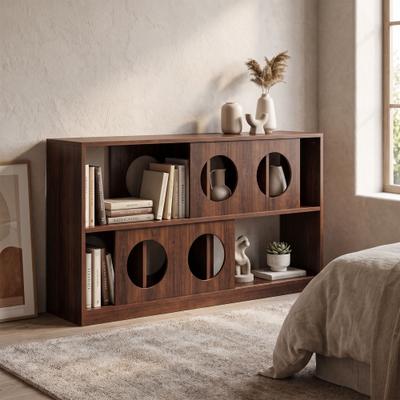 Garvee Modern Bookcase with Sliding Doors, Open Storage Cubes & Geometric Circle Cutout Design, for Home Office