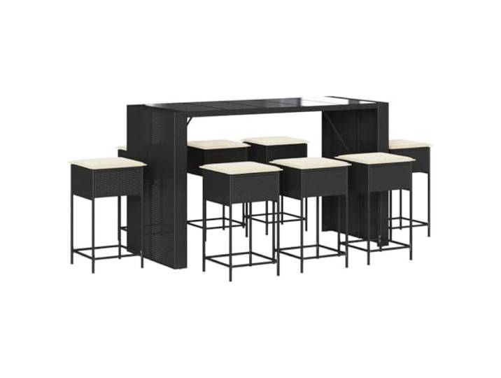 PUGYNBK Gartenbar Set 9-teilig mit Kissen Polyrattan Schwarz Tisch aus gehärtetem Glas, pulverbeschichtetem Stahl, abnehmbarer Bezug, max. 110 kg pro Stuhl