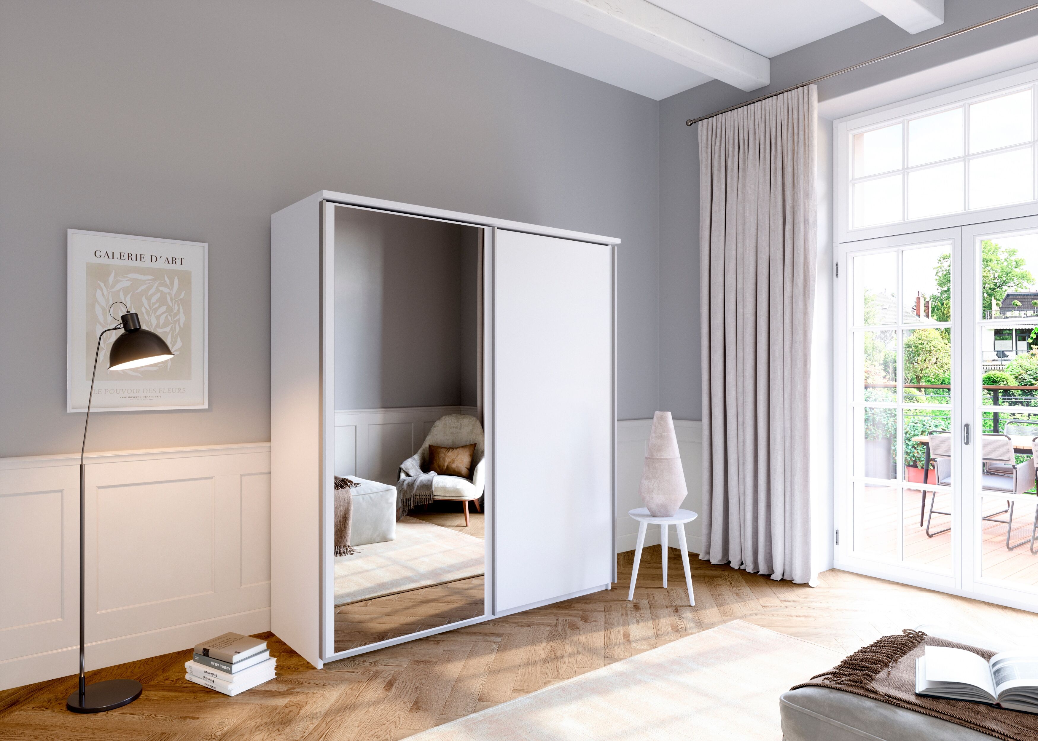 Schwebetürenschrank PRIESS "Arnsberg", weiß (lichtweiß), B:187cm H:211cm T:64,5cm, Holzwerkstoff, Schränke, Schwebetürenschrank, mit Spiegel