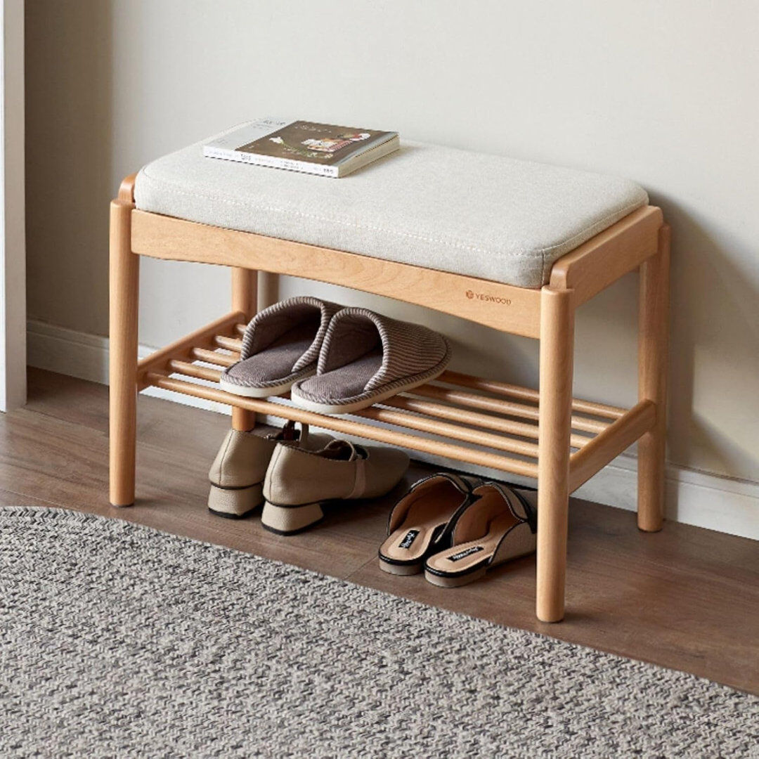 East Urban Home Upholstered Bench with Shoe Storage and Shelves Natural Oak 60cm