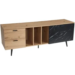 TV-LOWBOARD mit Eiche-Dekor, Tür und Schubladen, kompakte Aufteilung, Braun-Schwarz/Marmoroptik 150x40x55 cm